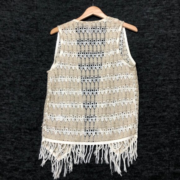 Chicos Size 0 Duster Women's Tan Vest Crochet‎ Open Front Sleeveless Fringe - Picture 5 of 5
